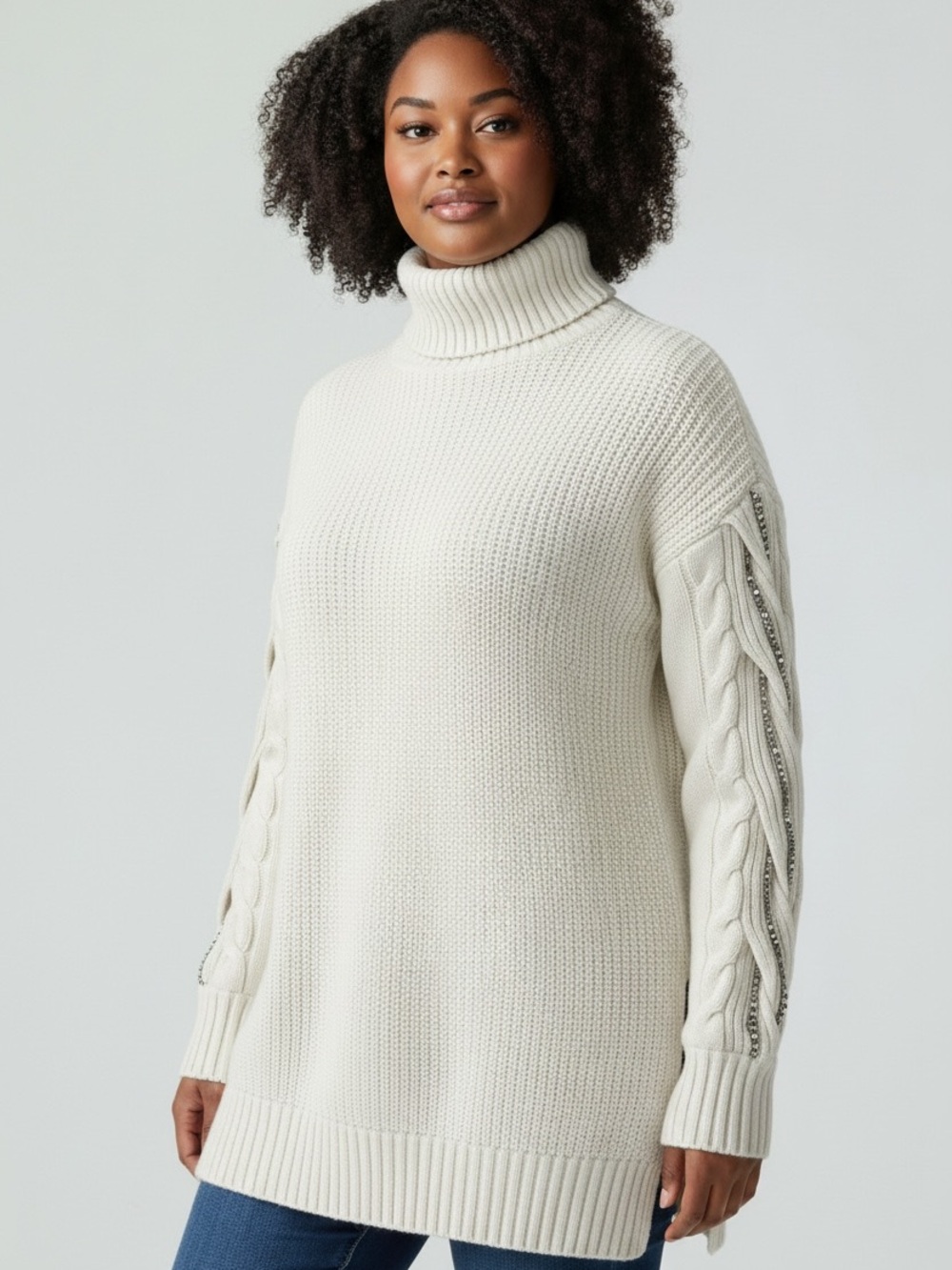 INC International Concepts Cream Cable-Trim Turtleneck Sweater